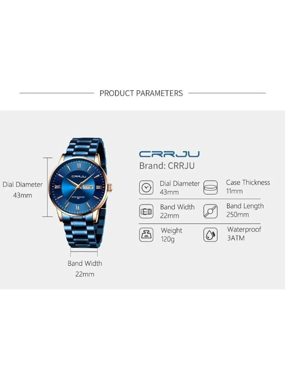 Mens Blue Rose Gold Luxury Stainless Steel Chronograph Analog Quartz Round Watch